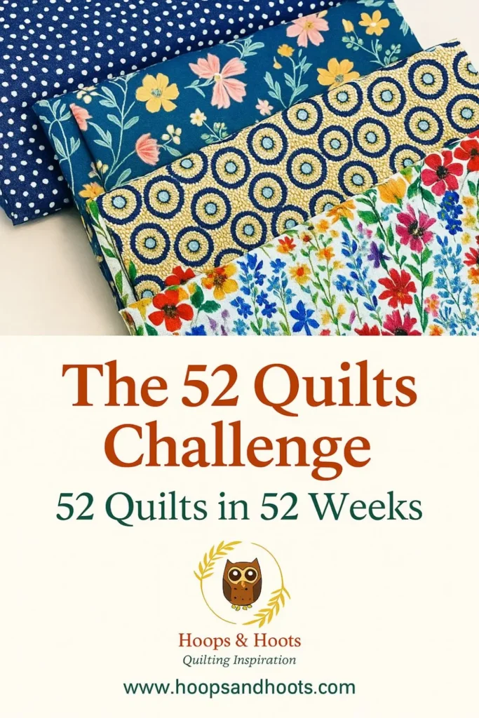 Stack of colorful floral quilting fabrics with the text "The 52 Quilts Challenge – 52 Quilts in 52 Weeks," representing a year-long quilting journey.