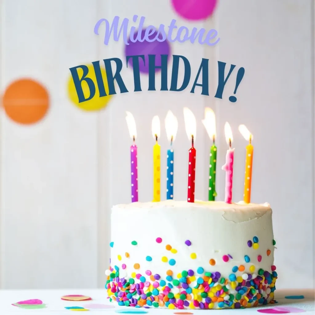 White frosted birthday cake decorated with colorful sprinkles and seven lit candles in bright colors, with the words “Milestone Birthday” in the background.