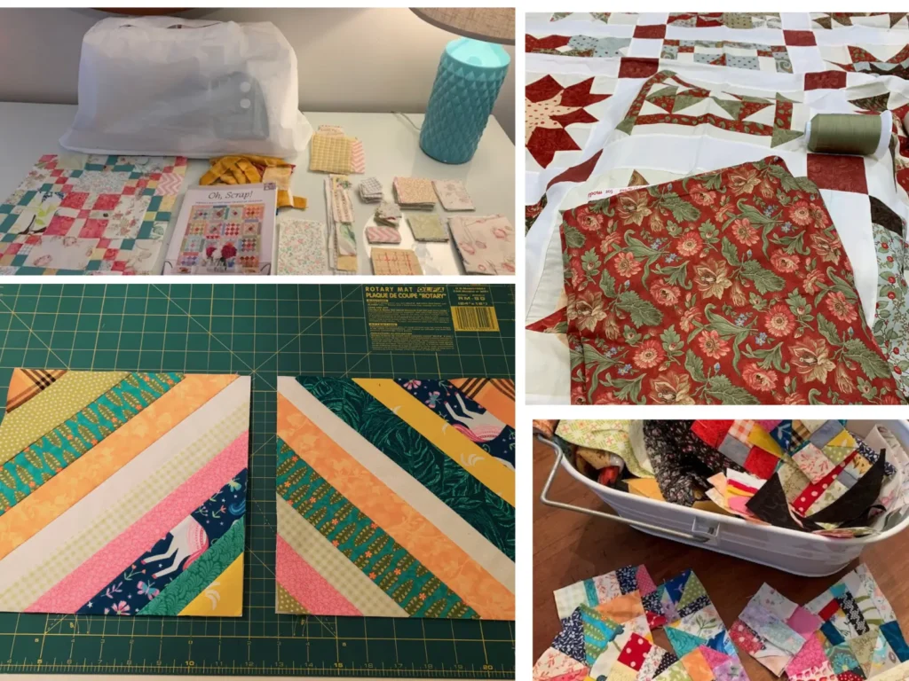 Collage of quilting projects in progress, including colorful fabric strips, quilt blocks, and unfinished quilt tops, representing various stages of the 52 Quilts Challenge.