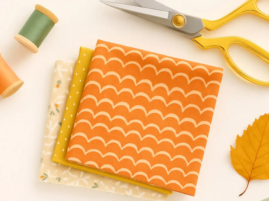 Flatlay of orange, mustard, and cream fabrics with scissors, thread, and fall leaf for September quilting inspiration.