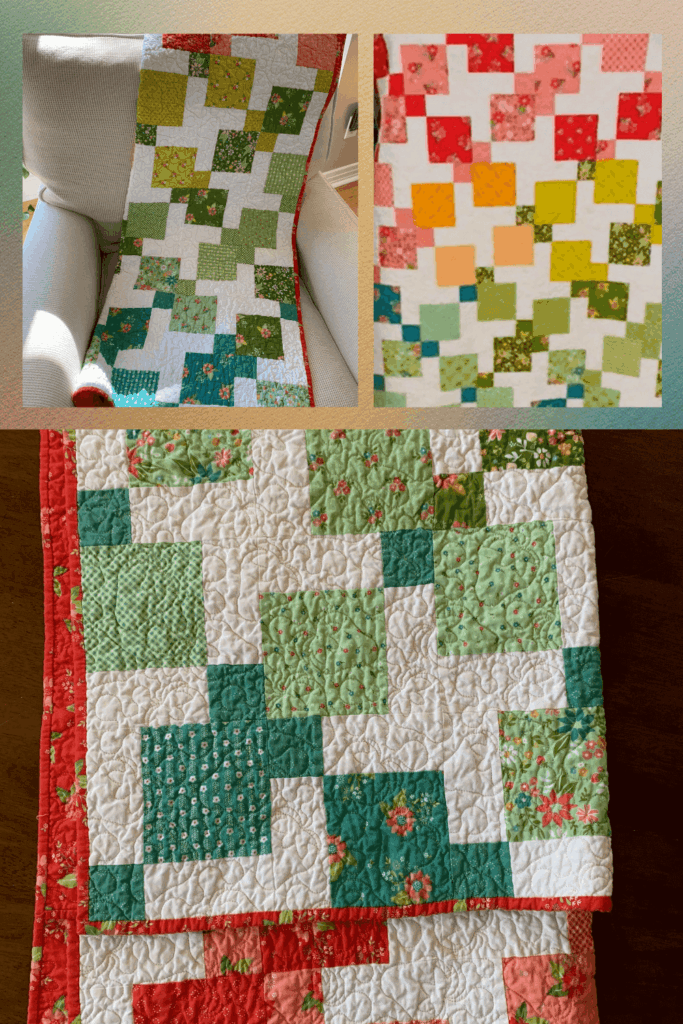 A collage of three images showing a handmade disappearing nine-patch color-wash baby quilt in shades of red, green, yellow, and aqua, photographed on a chair and tabletop.