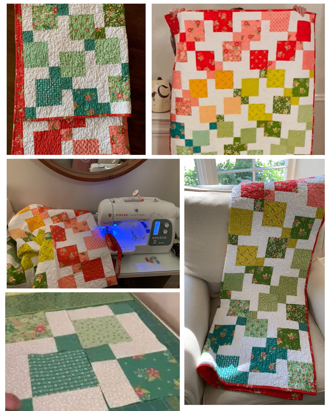 Collage of photos showing the making and completion of Gia’s Color Wash Disappearing 9-Patch baby quilt, featuring red, coral, yellow, green, and teal fabric blocks in various stages from cutting to sewing to final display