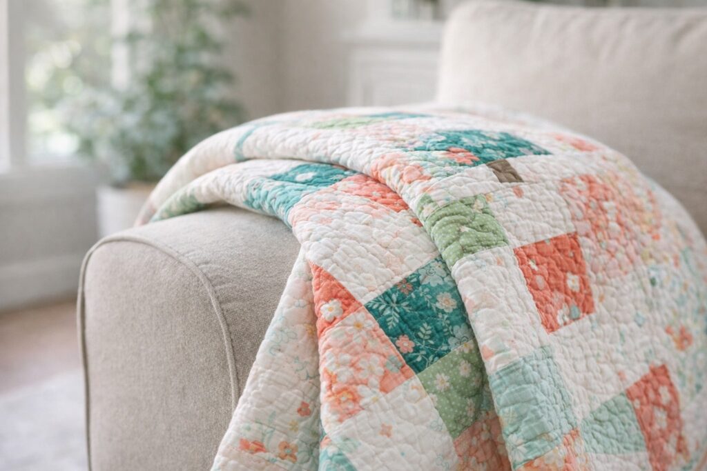 Close-up of a quilt draped over a chair arm, showing texture, stitching, and natural drape.