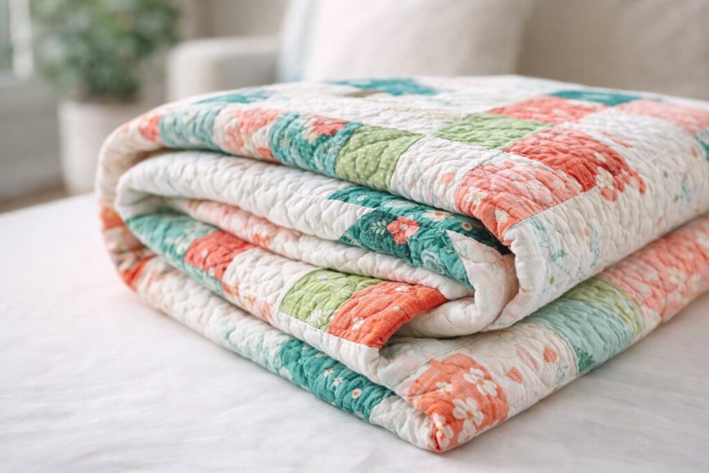 Folded quilt stacked on a light surface, showing loft, stitching texture, and fabric layers.