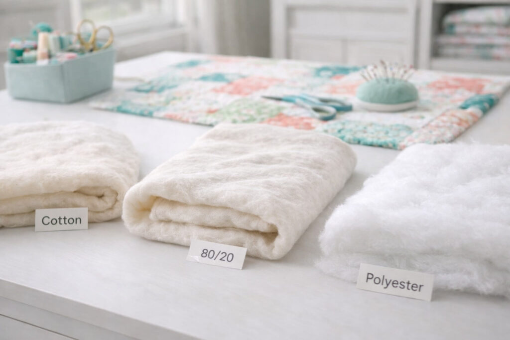 Cotton, 80/20 blend, and polyester quilt batting samples arranged on a light work surface in a quilting workspace.