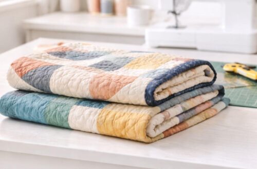 Folded quilts on a table in a bright, calm sewing studio
