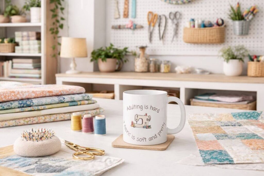 Lived-in quilting studio with fabric, sewing tools, and a coffee mug on the worktable