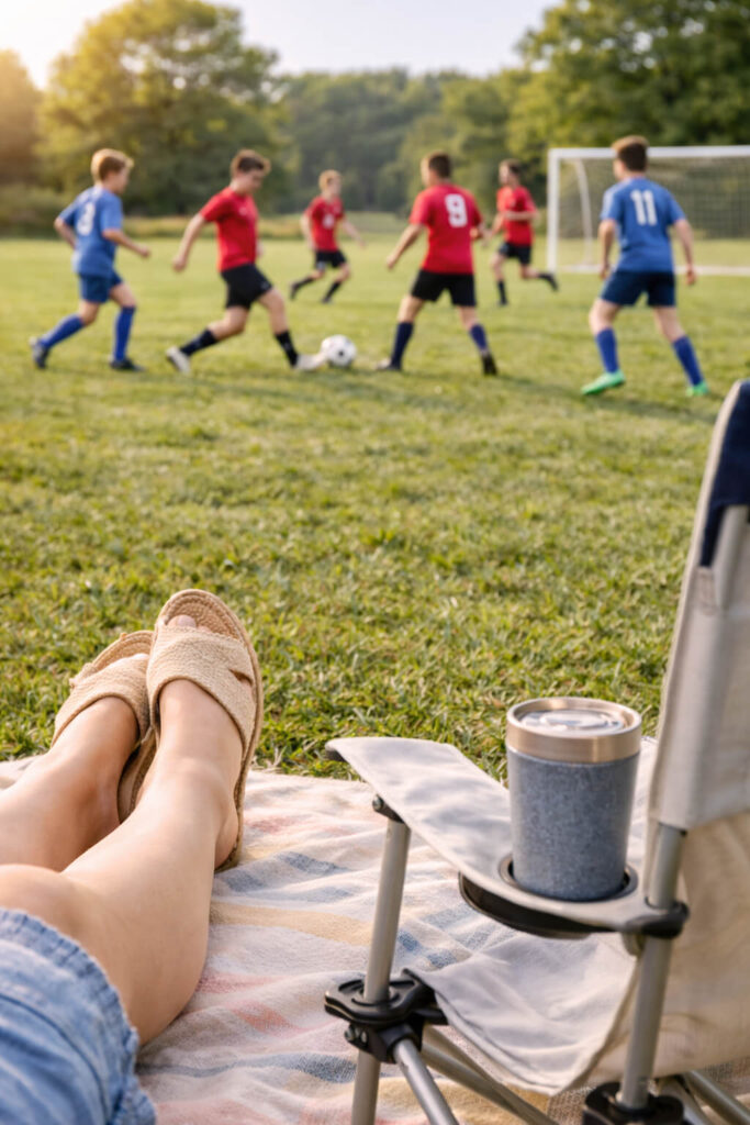 An overhead view from the sidelines of a sunny soccer game, where teenagers in colorful jerseys are playing, with a pair of comfy wicker sandals resting in the foreground and a travel mug nearby, capturing the essence of a casual day outdoors.